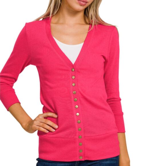 Zenana Womens S Small Hot Pink Cardigan Snap Sweater Slim Fit Lightweight NEW - Picture 2 of 2